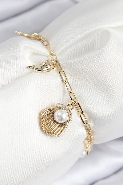 Clariss Brass Zircon Stone Pearl Oyster Model Gold Color Women's Bracelet