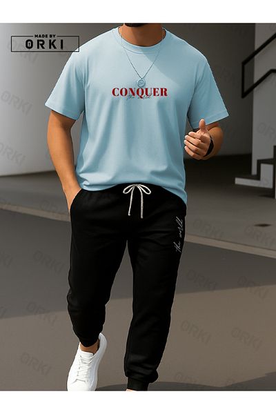EFFRENATU Conquer the World Printed Oversize Light Blue T-Shirt & Black Pants Tracksuit Set