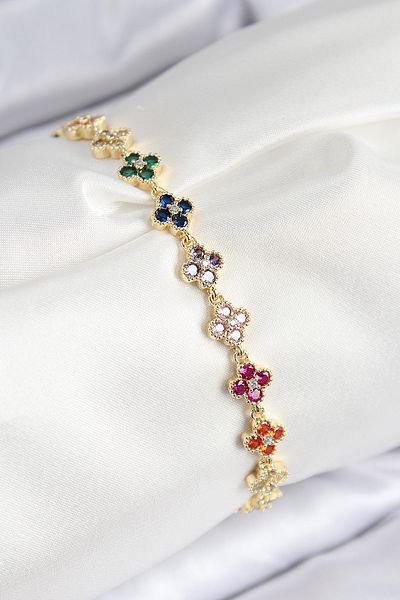 Clariss Vip Brass Colored Zircon Stone Clover Model Gold Color Women's Bracelet