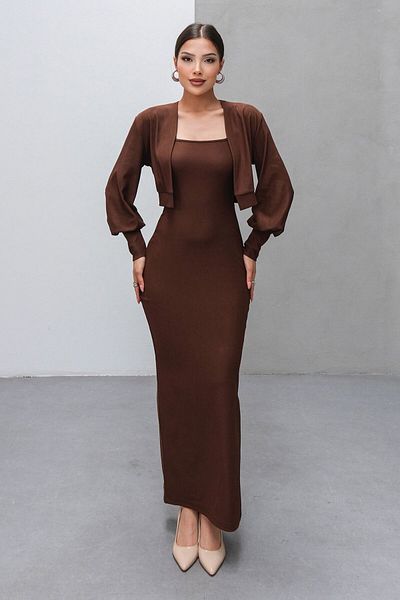 VAGGON Long Dress with Thin Straps and Slit Detail and Cardigan Two-Piece Set
