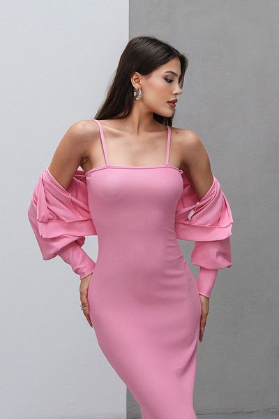 VAGGON Long Dress with Thin Straps and Slit Detail and Cardigan Two-Piece Set