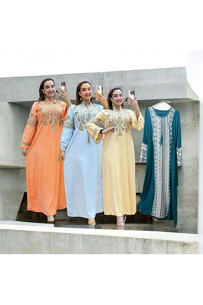 Generies A set of 4 embroidered linen jalabiyas with an elegant and modern design, sizes from 60 to 100 kg