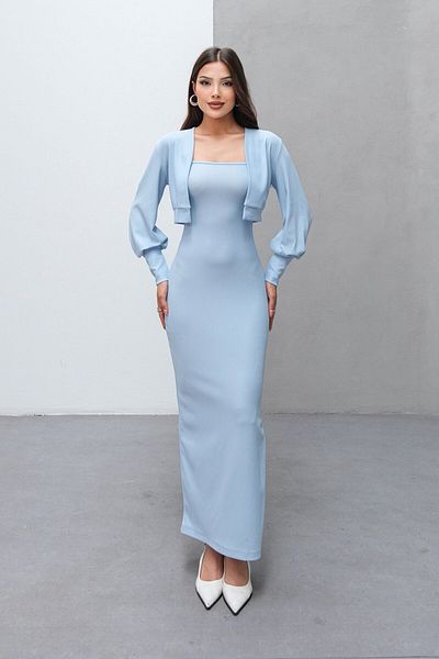 VAGGON Long Dress with Thin Straps and Slit Detail and Cardigan Two-Piece Set