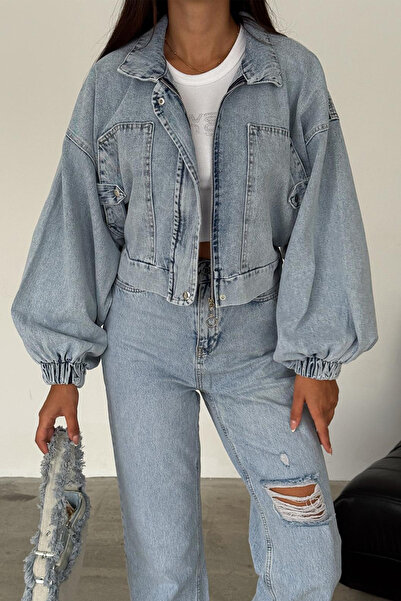 Noa Noa Kadın Açık Mavi Kısa Denim Ceket – Elastik Manşetli Crop Model