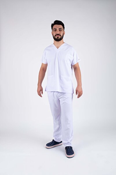 ACAR İŞ TEX White Lycra Men's Nurse and Doctor Uniform Set Scrubs Hospital Un...