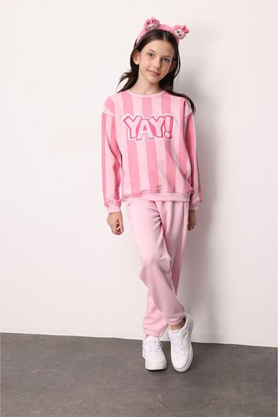 Le Mabelle Pink Bow Printed Striped Girl's Tracksuit Set - Phoebe