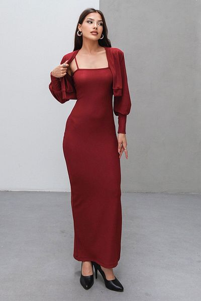 VAGGON Long Dress with Thin Straps and Slit Detail and Cardigan Two-Piece Set