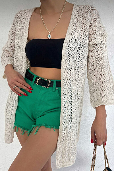 Noa Noa Γυναικεία ζακέτα από λευκό πλέγμα – Λεπτομέρεια με φούντα και σχέδιο με διαμάντια