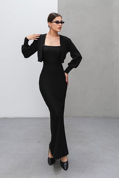 VAGGON Long Dress with Thin Straps and Slit Detail and Cardigan Two-Piece Set