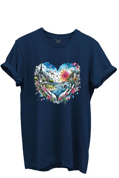 WİDİ Heart City View Color Printed 100% Cotton Regular Fit Unisex T-Shirt