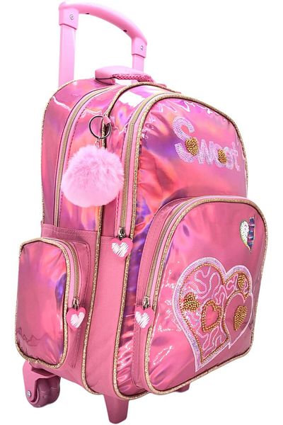 Tradeo Kids 18" shiny trolley & backpack set with insulated lunch bag, pencil case, pink heart design.
