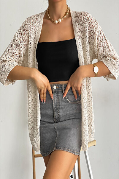 Noa Noa Γυναικεία ζακέτα από λευκό πλέγμα – Λεπτομέρεια με φούντα και σχέδιο με διαμάντια