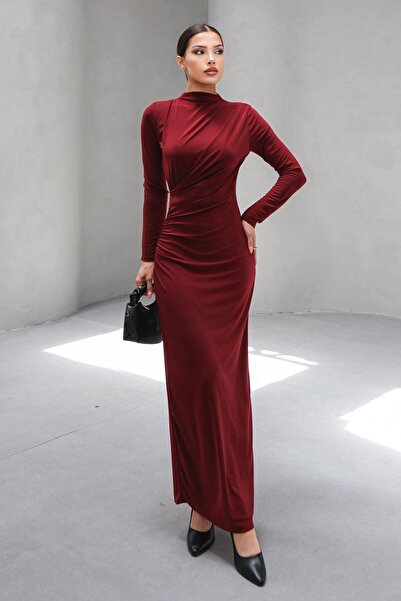 VAGGON Γυναικείο μακρύ φόρεμα με λεπτομέρεια με γιακά δικαστή σε μπορντό χρώμα Vs00803