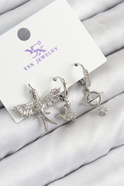 Skygo Brass Zircon Stone 3-Piece Bird Model Silver Color Women's Earrings - Tj-Bkp11124