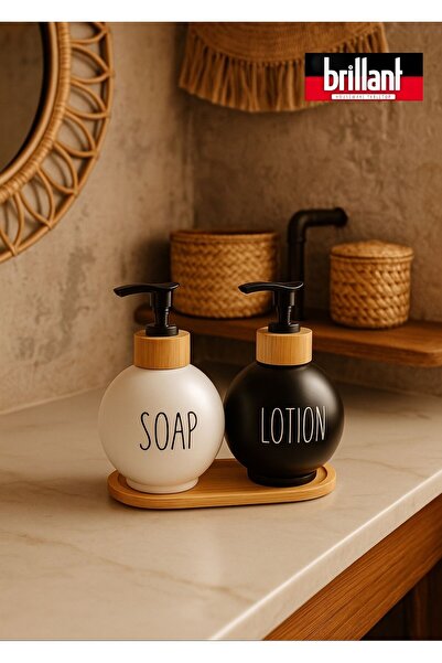 Brillant Bambu Standlı Lüks Sıvı Sabunluk 2'li 500 ml Siyah-Beyaz