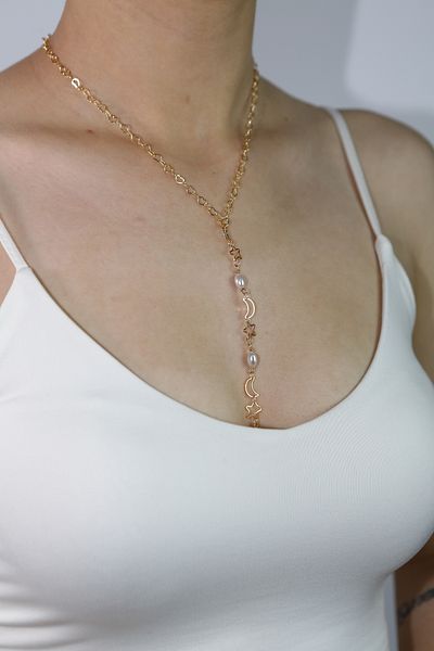 MARCİELO Accessories Y Necklace - Low-Cut Necklace with Heart Chain Moon Star Pearl