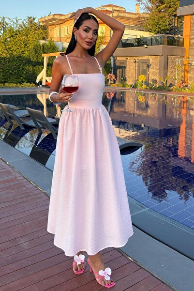 Genel Markalar Sırtı Çapraz İpli Boncuk Detaylı Elbise 2902-08 R7-D-K2