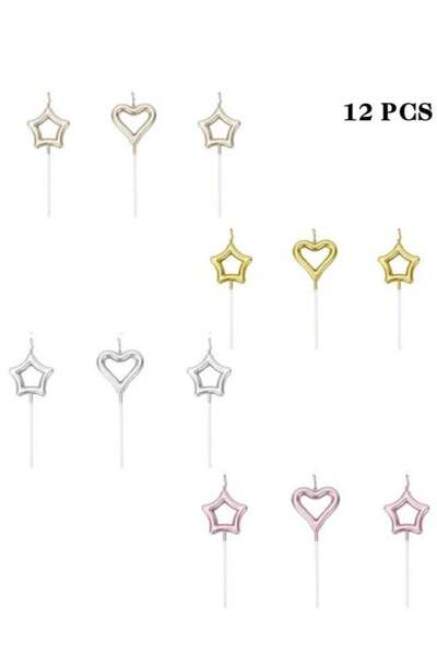 Generic 12 Piece Heart And Star Shaped Birthday Cake Candle Set With Four Dif...