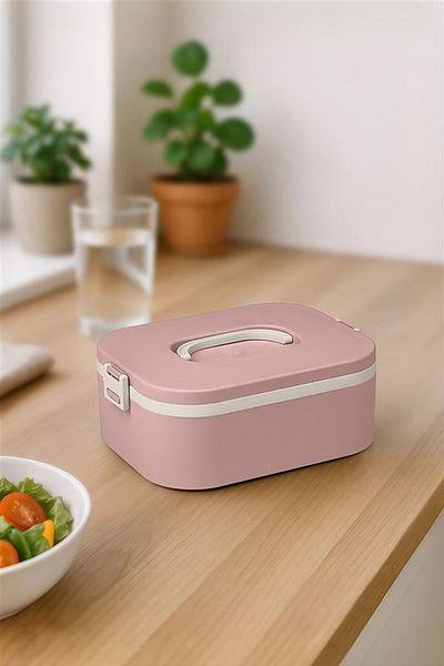 Okyanus Home Lunch Box with Stainless Steel Chamber Single Layer Self Fork Spoon Lunch Box Pink