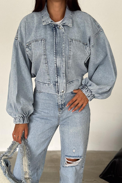 Noa Noa Kadın Açık Mavi Kısa Denim Ceket – Elastik Manşetli Crop Model