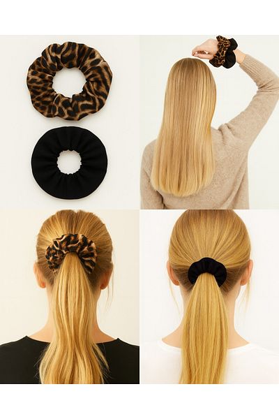 SEZİNİN TAKI DÜKKANI Pack of 2 Leopard Print and Black Elastic Hair Clips