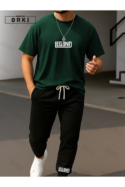 EFFRENATU Myth Printed Oversize Forest Green T-Shirt & Black Pants Tracksuit Set
