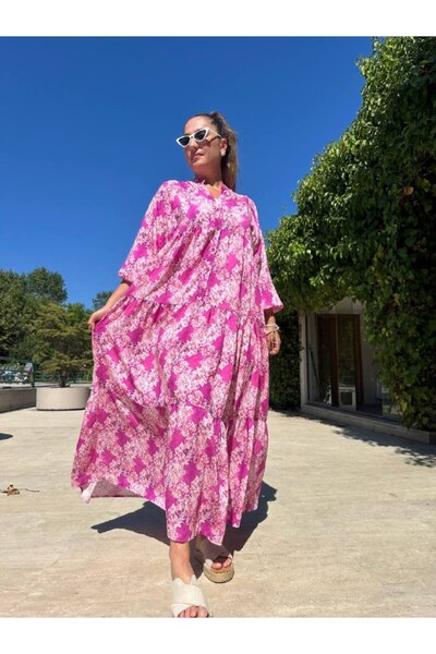 BRGCLOTHING Çiçek Desenli Salaş Uzun Balon Kol Elbise