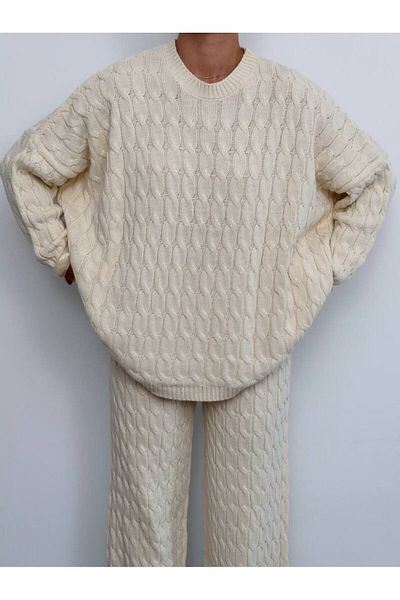 D'RECCY Women's Oversize Hair Knitting Knitwear Double Set Bottom Top Sweater Pants Set