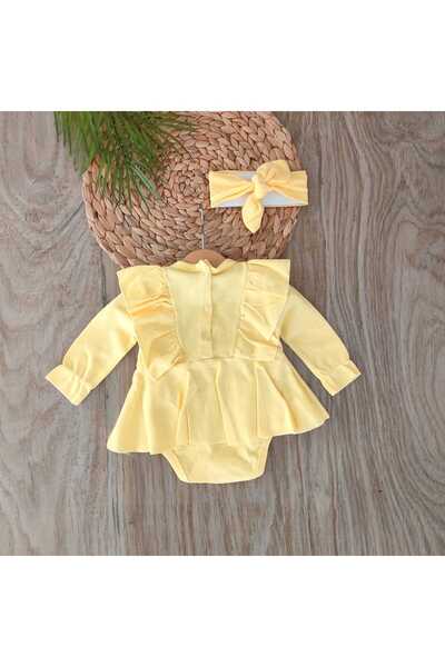 bebe kervanı Kız Bebek %100 Pamuklu Sarı Fiyonklu Çıtçıtlı Badi Elbise Takım BBK5534