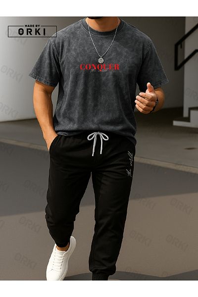 EFFRENATU Conquer the World Printed Oversize Tie-Dye T-Shirt & Black Pants Tracksuit Set