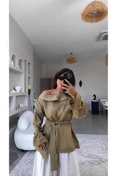 Buket Teke Khaki Tie Detail Premium Blouse