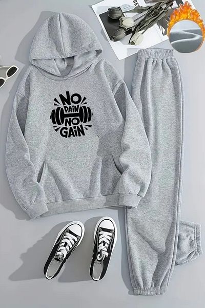 CLAYES Unisex No Pai̇n No Gai̇n Printed Hooded Gray Tracksuit Set - Winter Embossed Fabric
