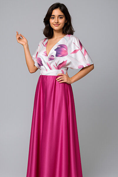 Stylize Couture V yaka ve V sırt Emprime Saten Uzun elbise