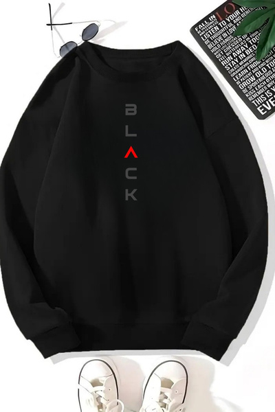 Sweetline Unisex Black Black Printed Crew Neck Sweatshirt - Winter Embossed Fabric