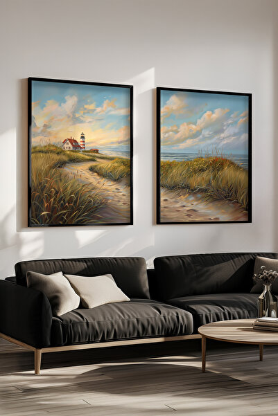 STARYUNA Set de pictură dublă cu efect de pictură în ulei, cu cadru din lemn negru, cu vedere la far și pe plajă Yuna306