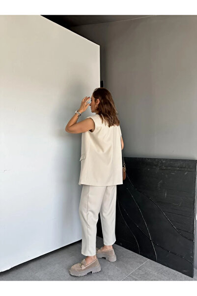 GAMZE ALPTEKİN Zr Model Brand Padded Vest Pants Suit - Carrot Pants Long Vest Solid Color Suit