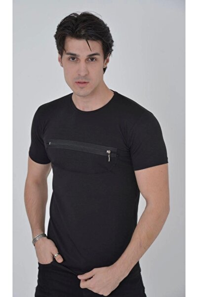 KentselBazaar Men's Slim Fit T-Shirt with Zipper Accessories on the Chest - Black