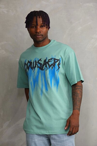 MODA تي شيرت كبير الحجم مطبوع للجنسين - أخضر نعناعي