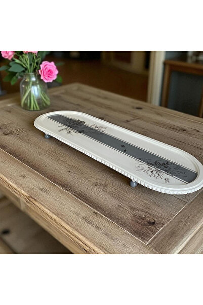 Lotus El boyaması ahşap uzun sunumluk tepsi 69x25 cm