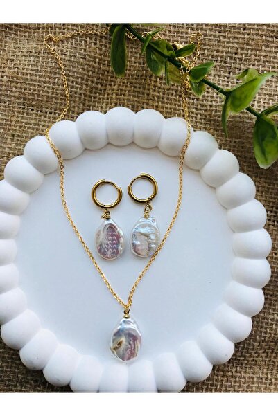 Luba Gerçek İnci Gold Küpe Kolye Set inci çap 2 cm