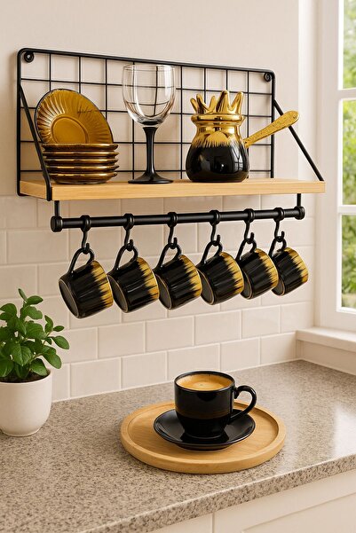 HB LİFE Tel Askılıklı Ahşap Standlı Kancalı Mutfak Rafı Mutfak Askısı