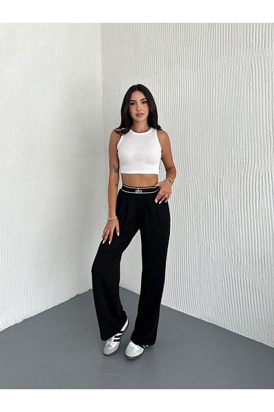gozdefashion Women's Rubber Belt Detailed Wide Leg Trousers