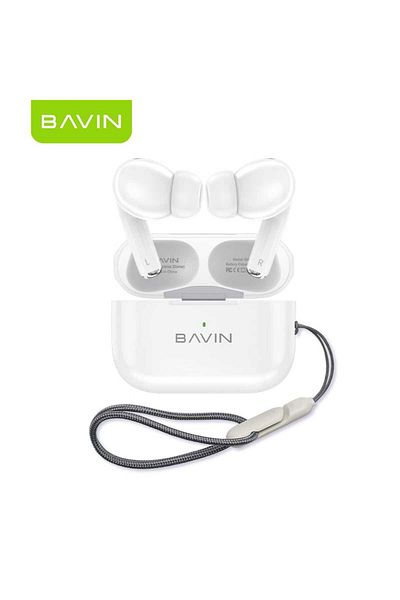 Bavin Bluetooth Earphones with Long Battery Life and Comfortable Silicone Clip with Hanging Rope Touch Control Bluetooth 5.3 White