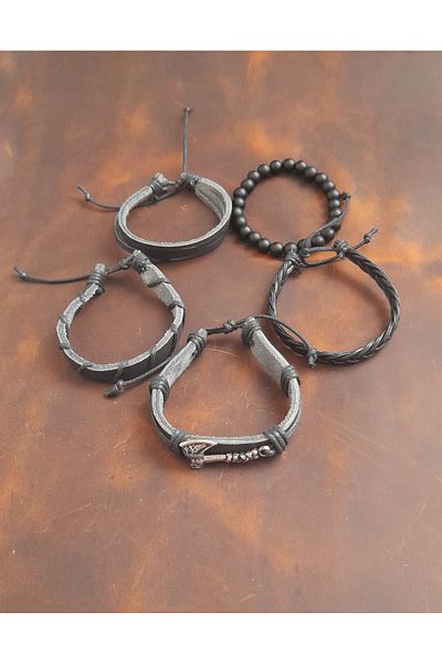 BSN Store 5-Piece Men's Bracelet Ax Figure Genuine Leather Bracelet Onyx Bead Bracelet