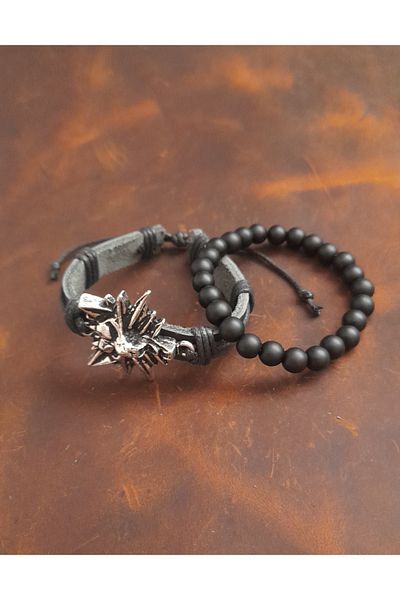 BSN Store 2-Piece Bracelet Wolf Figure Genuine Leather Bracelet and Onyx Stone Bracelet
