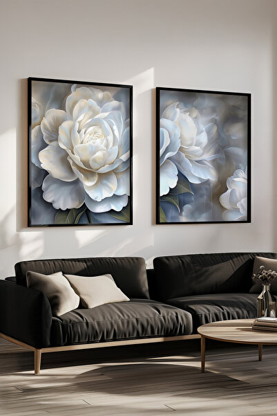 STARYUNA Set de pictură dublă cu efect de pictură în ulei cu flori de bujor alb, cu rame din lemn negru Yuna308