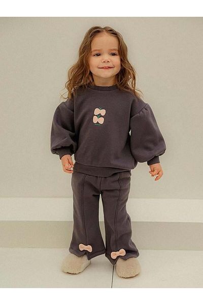 Magu Girl's Cotton Smoked Pink Bow Detailed Tracksuit Set