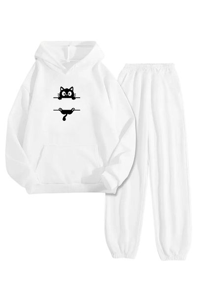 Sweetline White Tracksuit Set – Stripe Cat Print, Hooded Sweatshirt and Jogger Pants