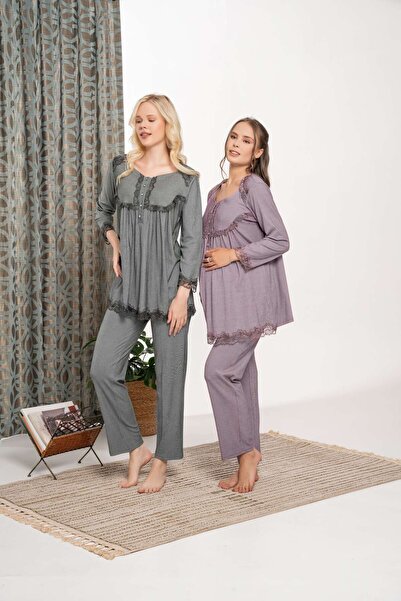 Lohussa Women's Plum Melisa Special Design Lace Detailed Long Sleeve Winter Cotton Maternity Pajama Set