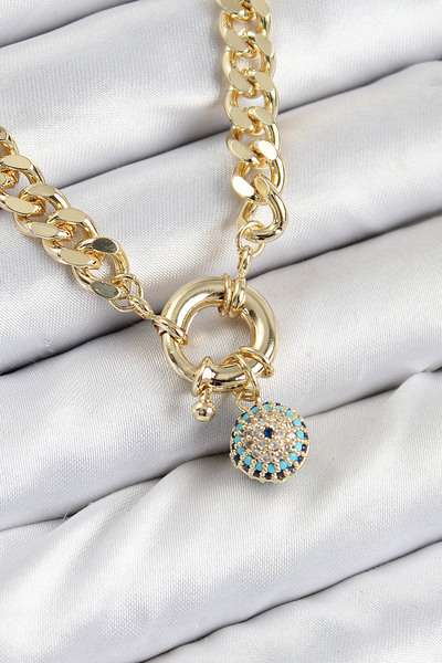 Skygo Brass Zircon Stone Evil Eye Bead Detailed Classic Chain Model Gold Color Women's Necklace - Tj-Bko10482